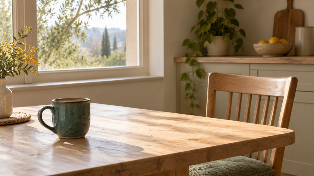 Taza sobre la mesa junto a una silla vacía: duelo por ruptura de pareja o divorcio